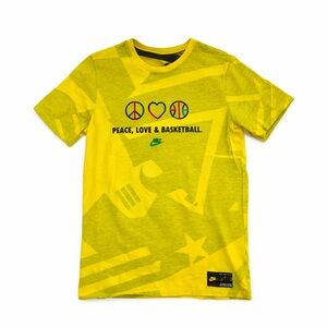 Nike Peace Love & Basketball Graphic Tee Yellow All Over Print Size Small